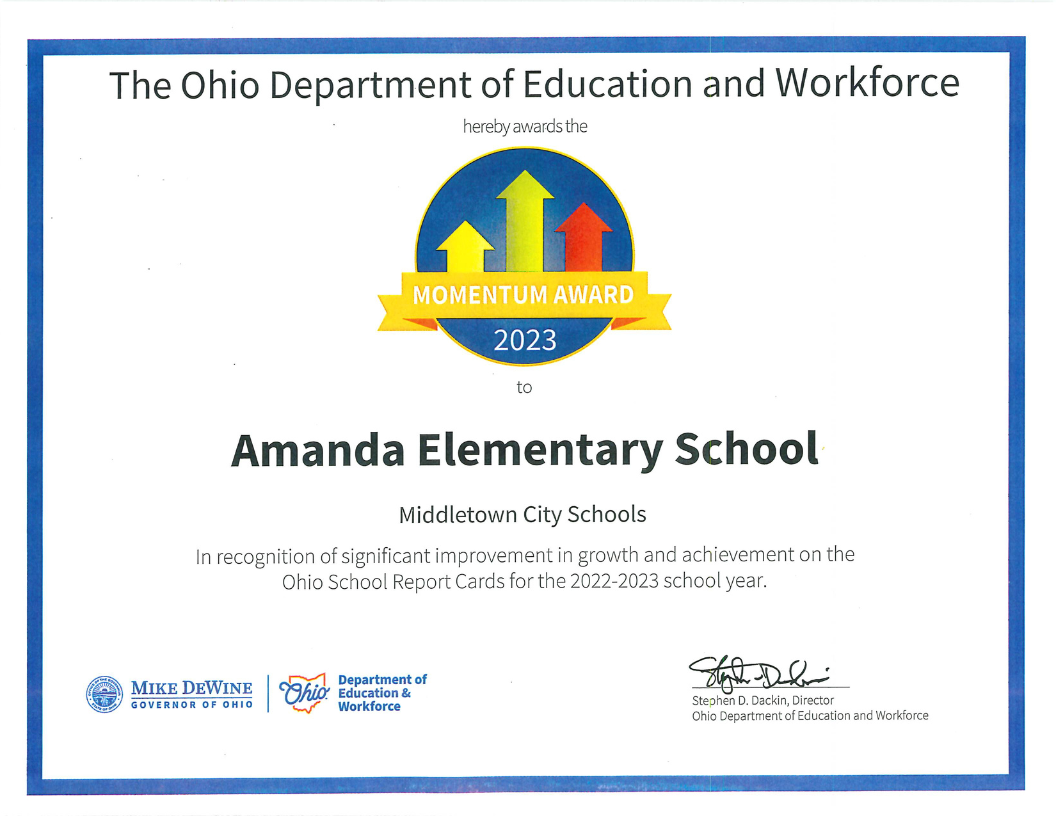Picture of certificate. It reads "The Ohio Department of Education and Workforce herby awards the Momentum Award 2023 to Amanda Elementary School."